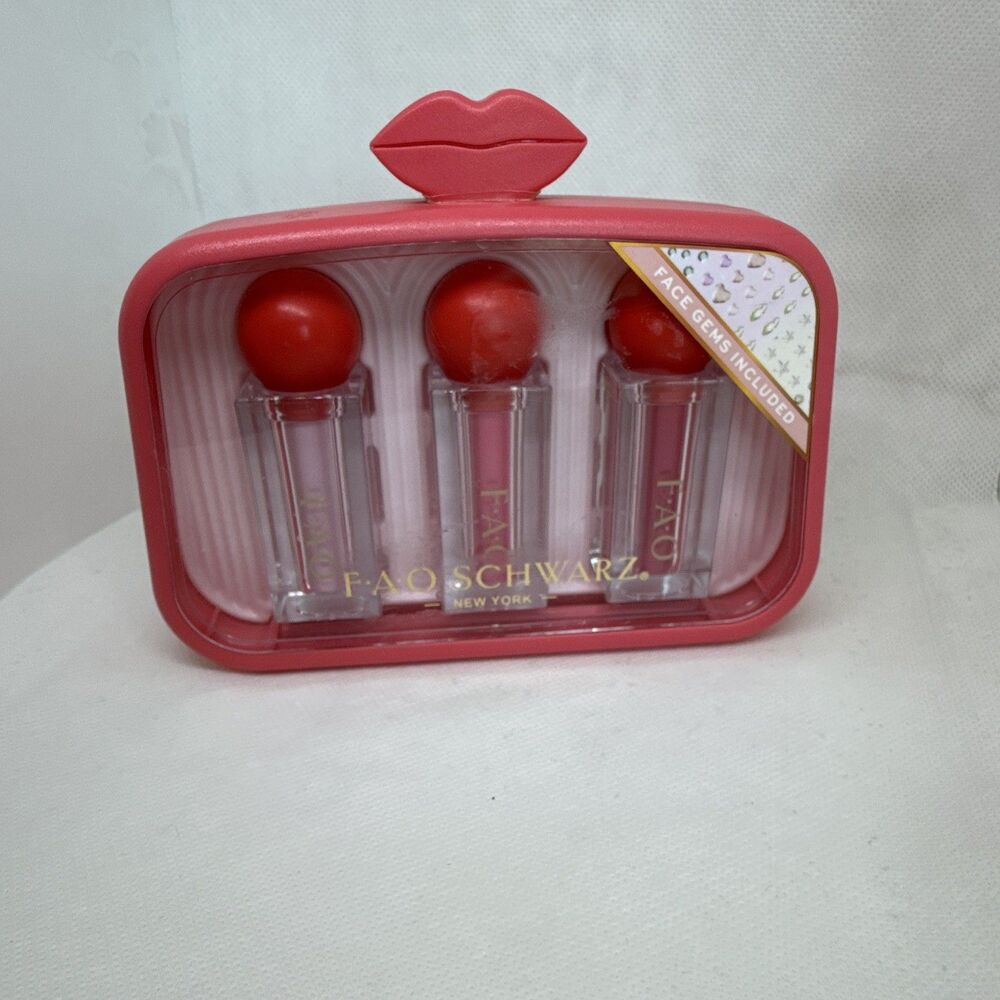 FAO Schwarz 4-Pc Lipstick Set w/Face Gems & Glue Pink Rubine Red C 0.06oz